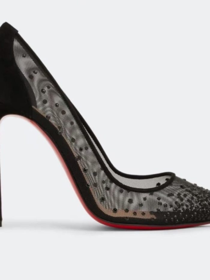 Christian Louboutin Follies Mesh Heels - Nude & Black Strass Suede Calf