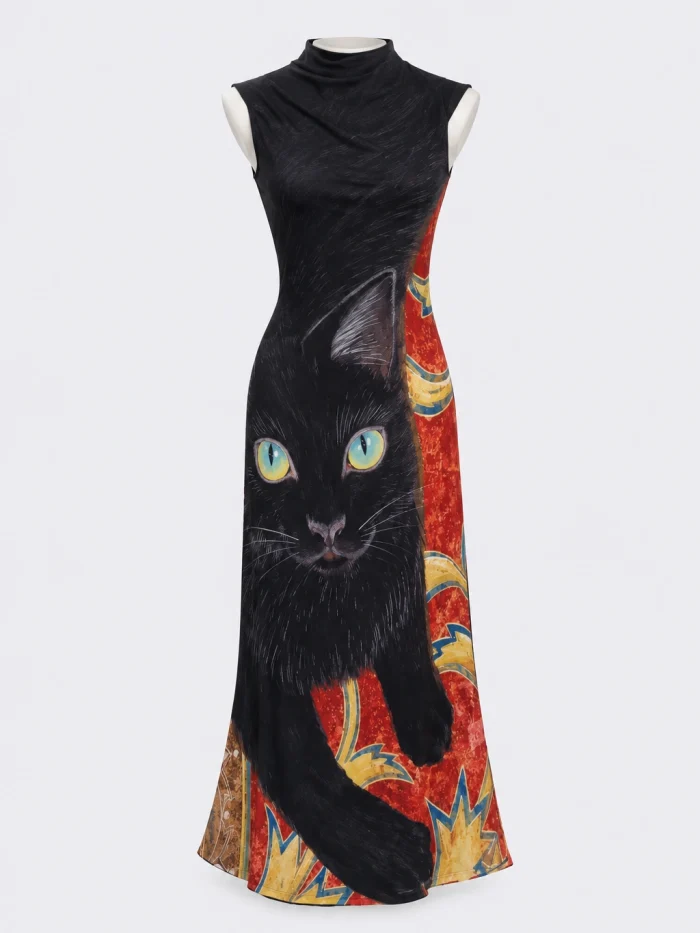 Black Cat Printed Mesh Maxi Dress