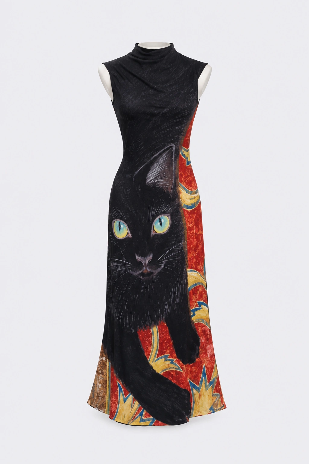 Black Cat Printed Mesh Maxi Dress