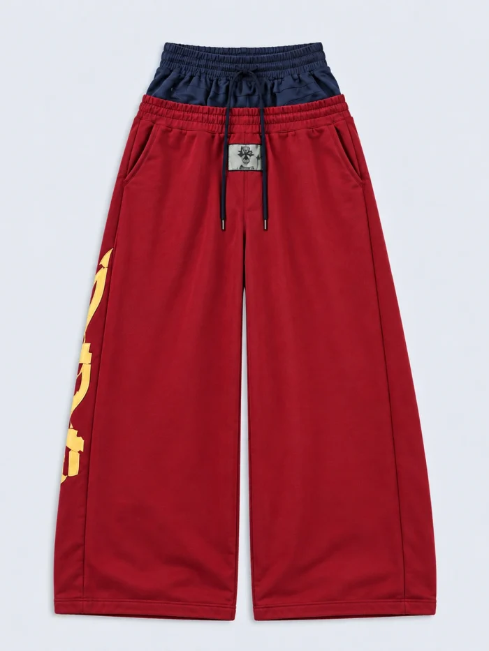 Crimson Double-Waist Wide-Leg Sweatpants