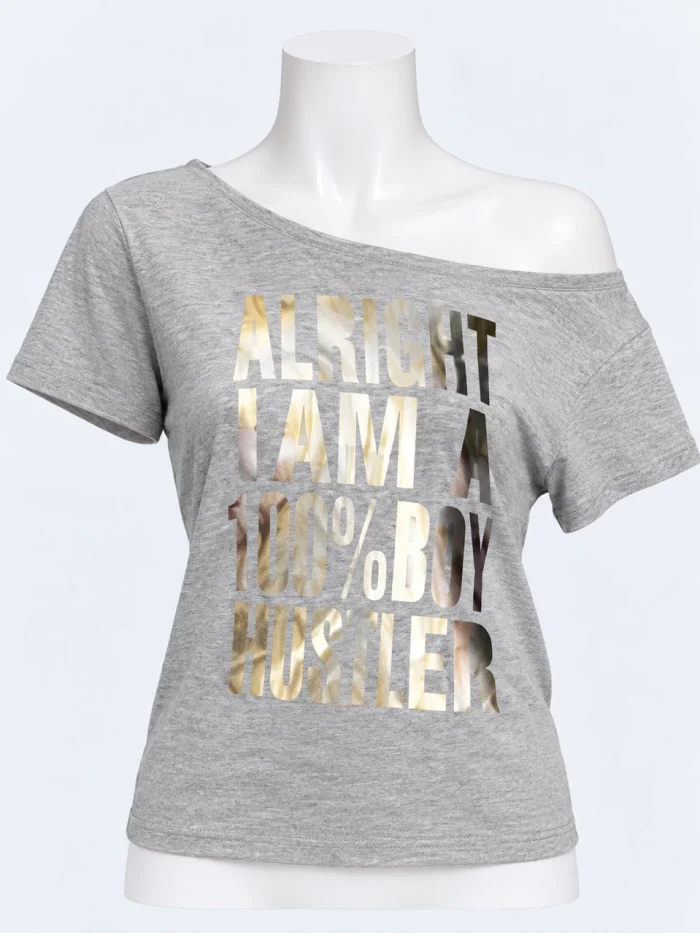 Y2K Metallic Slogan Off-Shoulder Top