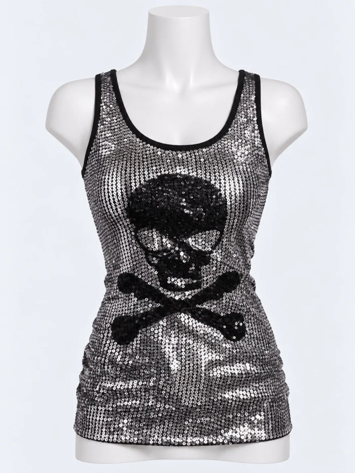 Silver Sequin Skull Tank Top
