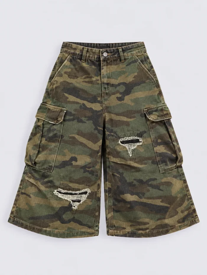 Distressed Woodland Camo Cargo Jorts