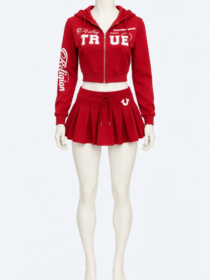 True Religion Red Shrunken Zip Hoodie & Pleated Mini Skort Set