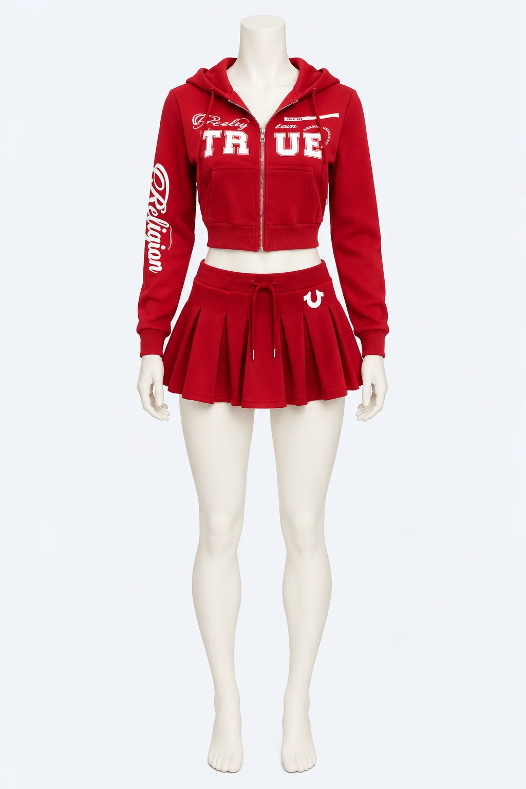 True Religion Red Shrunken Zip Hoodie & Pleated Mini Skort Set